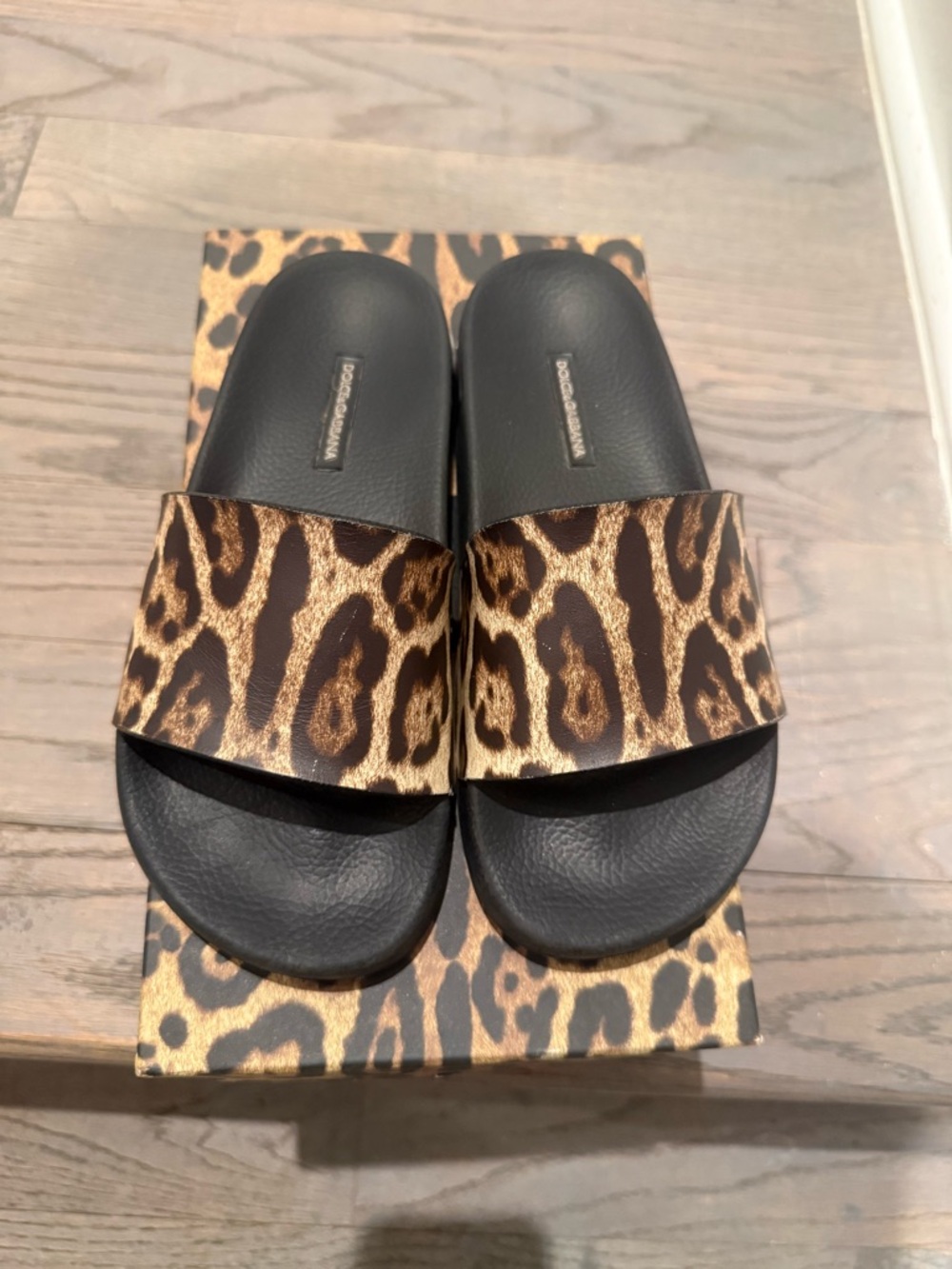 Dolce & Gabbana Black Slides with Leopard Print Strap